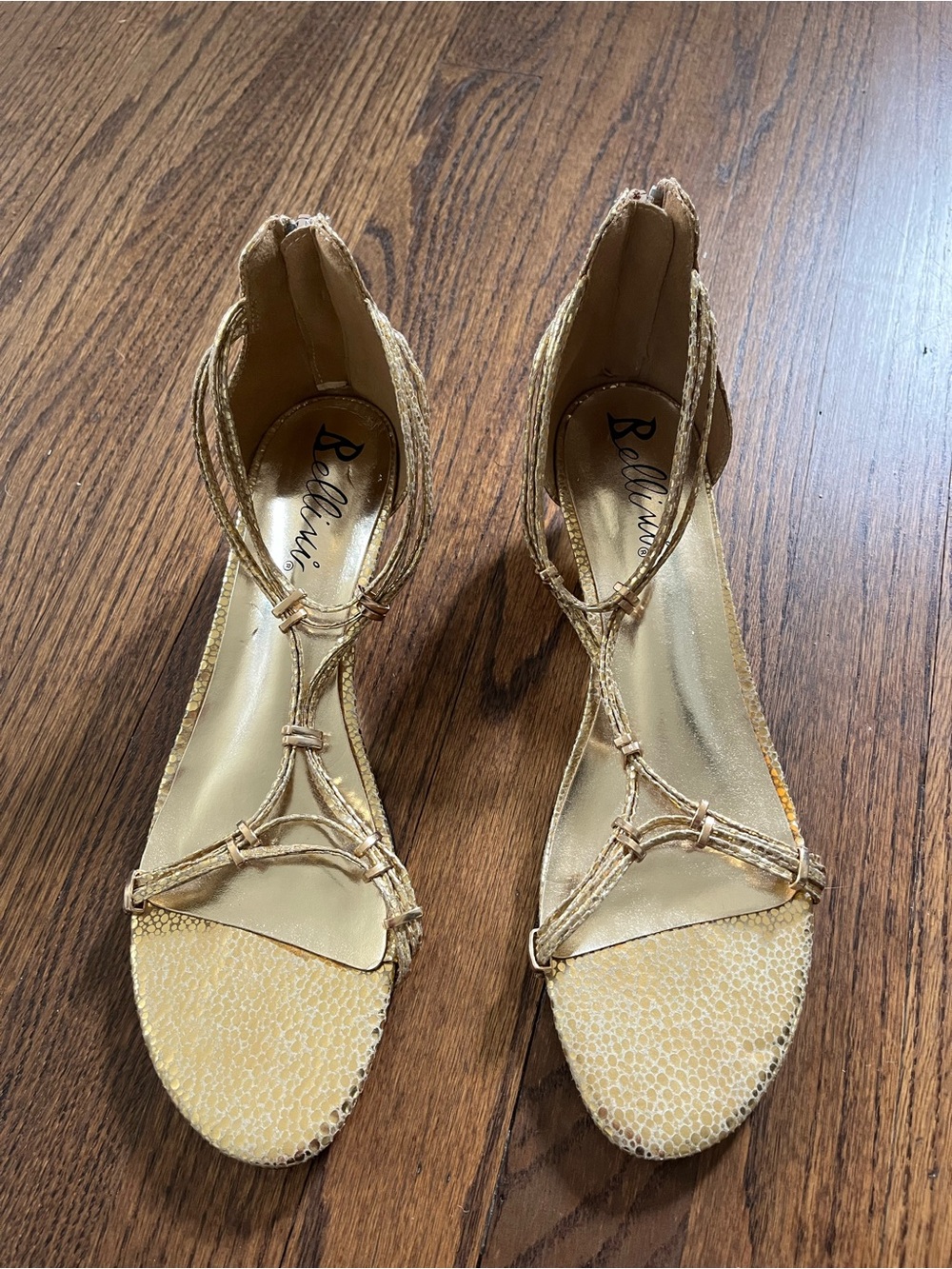 Bellini Gold Small Wedge Back Zip Sandal Heels Size 10